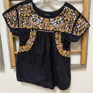 Madewell Black Top with Orange and Pink Embroidery